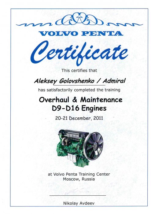 Сертификат VOLVO PENTA engiene D9-D16